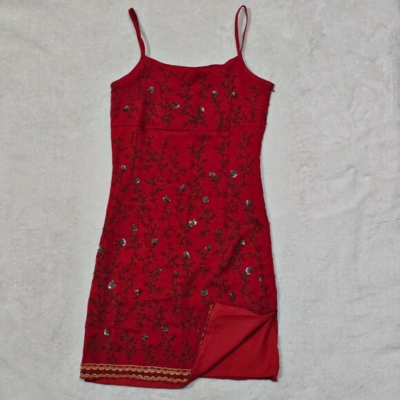 Vintage Express Red Embroidered Dress Small With Beaded Floral Boho Design 90's - Picture 8 of 16